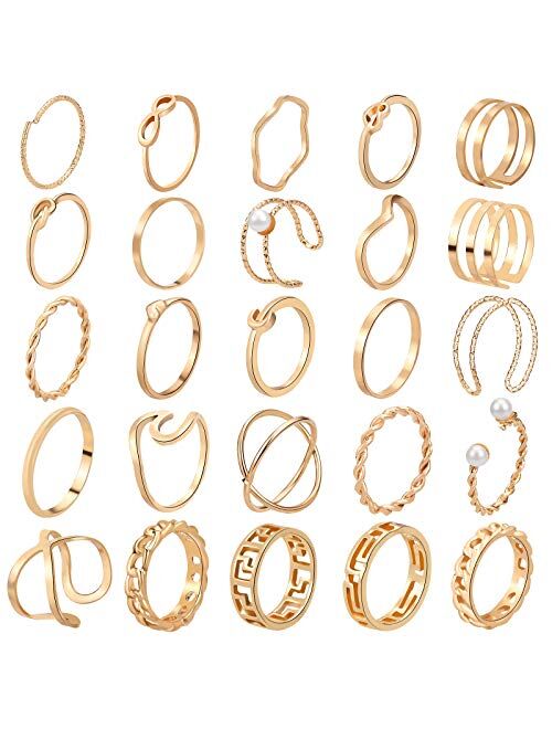 ONESING 25 Pcs Knuckle Rings for Women Stackable Rings Sets Girls Bohemian Retro Vintage Joint Finger Rings Gold and Silver Rings Set for Women Men Hollow Carved Flowers 