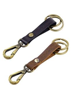 2 Pack Genuine Leather Keychain, Wisdompro Heavy Duty Key Chain with Retro Vintage Bronze Belt Loop Clip and 2 Keyrings for Keys - Black and Brown