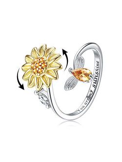 Jewenova S925 Sterling Silver Fidget Rings for Women Adjustable Open Ring Cubic Zirconia Sunflower You are My Sunshine Spinner Ring Gift for Valentine's Day