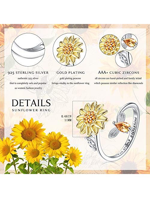 Jewenova S925 Sterling Silver Fidget Rings for Women Adjustable Open Ring Cubic Zirconia Sunflower You are My Sunshine Spinner Ring Gift for Valentine's Day