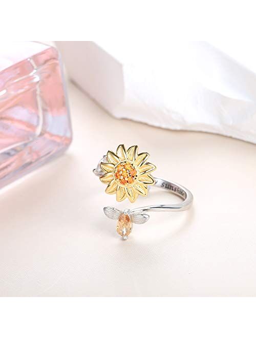 Jewenova S925 Sterling Silver Fidget Rings for Women Adjustable Open Ring Cubic Zirconia Sunflower You are My Sunshine Spinner Ring Gift for Valentine's Day