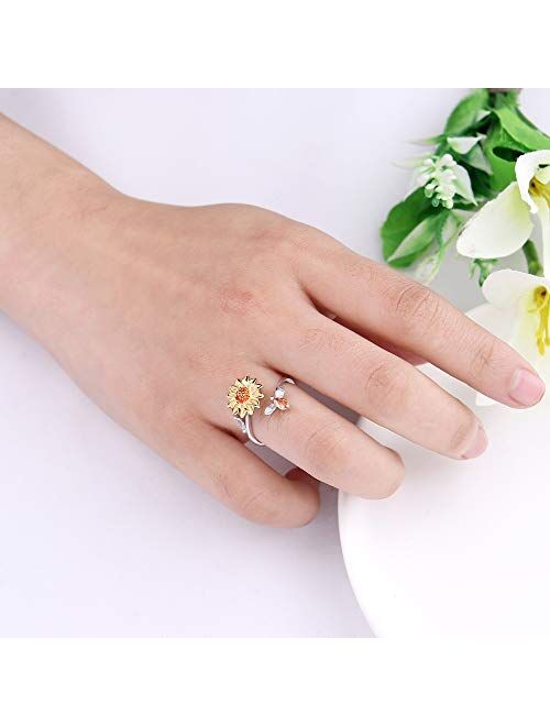 Jewenova S925 Sterling Silver Fidget Rings for Women Adjustable Open Ring Cubic Zirconia Sunflower You are My Sunshine Spinner Ring Gift for Valentine's Day