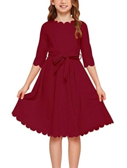 GORLYA Girl's 3/4 Sleeve Casual Scalloped Edge A-line Belted Dress with Pockets for 4-14T Kids