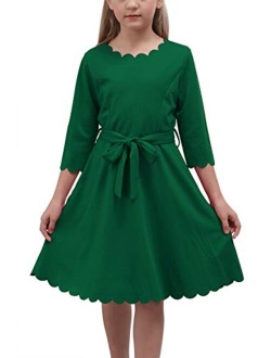 GORLYA Girl's 3/4 Sleeve Casual Scalloped Edge A-line Belted Dress with Pockets for 4-14T Kids