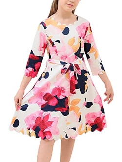 GORLYA Girl's 3/4 Sleeve Casual Scalloped Edge A-line Belted Dress with Pockets for 4-14T Kids