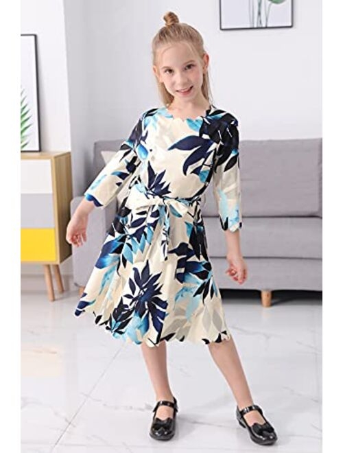 GORLYA Girl's 3/4 Sleeve Casual Scalloped Edge A-line Belted Dress with Pockets for 4-14T Kids