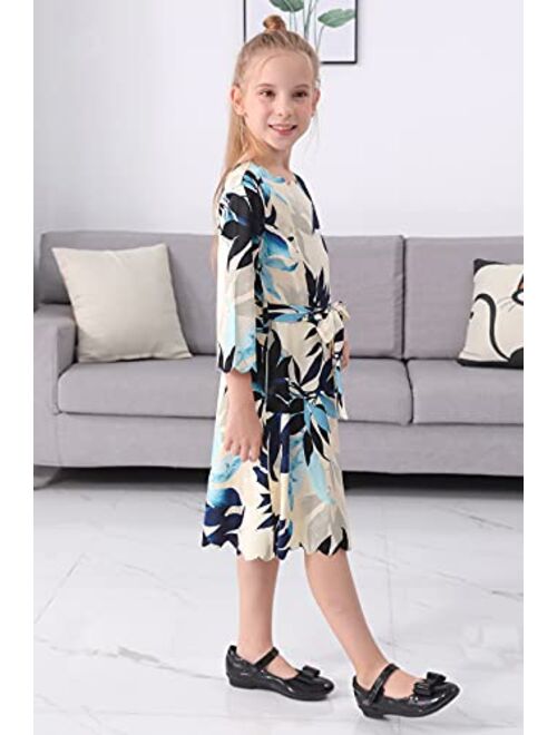 GORLYA Girl's 3/4 Sleeve Casual Scalloped Edge A-line Belted Dress with Pockets for 4-14T Kids