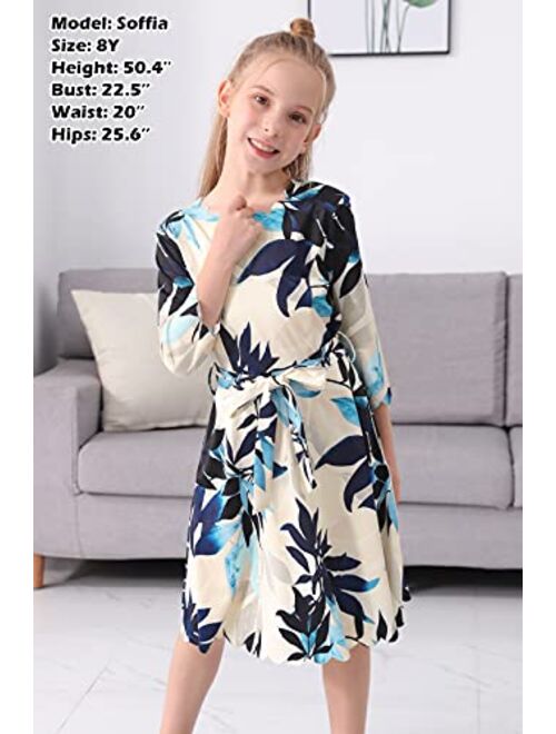 GORLYA Girl's 3/4 Sleeve Casual Scalloped Edge A-line Belted Dress with Pockets for 4-14T Kids