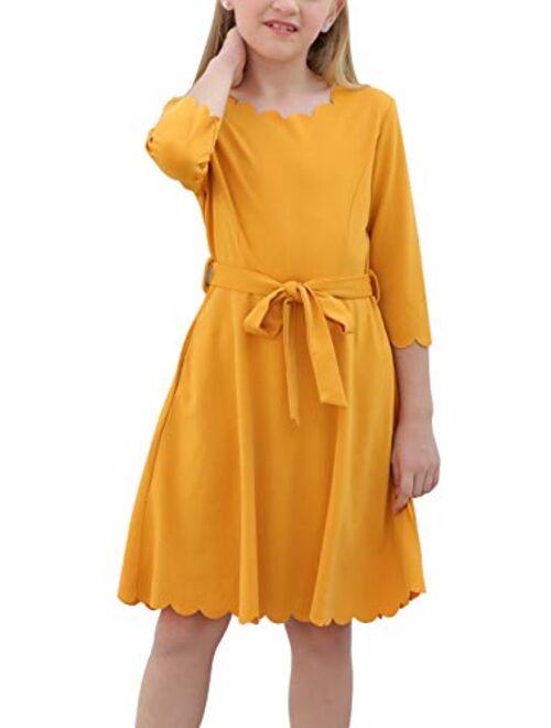 GORLYA Girl's 3/4 Sleeve Casual Scalloped Edge A-line Belted Dress with Pockets for 4-14T Kids