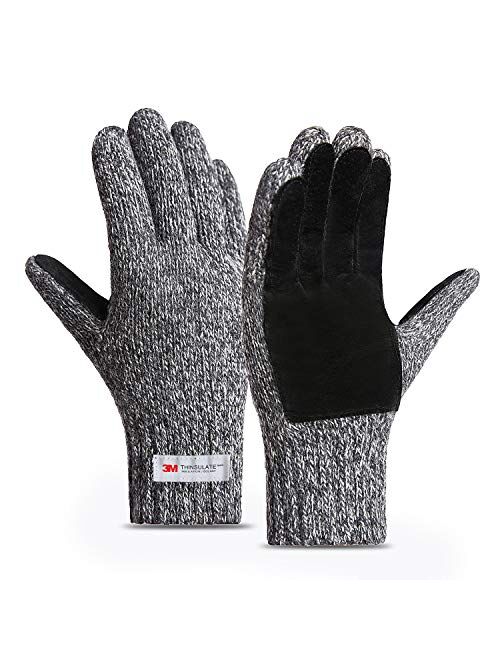 FWPP Thinsulate Thermal Inner -5℉ Winter Gloves for Men Women Fleece Wool Acrylic Knit Leather Palm M L