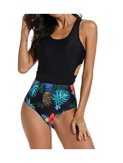 MOLYBELL One Piece Swimsuits for Women High Waisted Bathing Suit Monokini Floral Print Cutout Racerback Zip Up