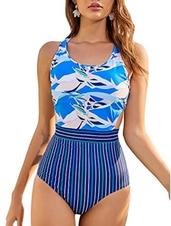 MOLYBELL One Piece Swimsuits for Women High Waisted Bathing Suit Monokini Floral Print Cutout Racerback Zip Up