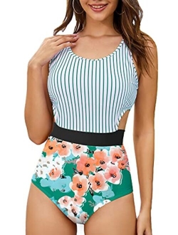 MOLYBELL One Piece Swimsuits for Women High Waisted Bathing Suit Monokini Floral Print Cutout Racerback Zip Up