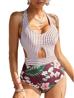 MOLYBELL One Piece Swimsuits for Women High Waisted Bathing Suit Monokini Floral Print Cutout Racerback Zip Up