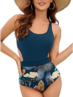 MOLYBELL One Piece Swimsuits for Women High Waisted Bathing Suit Monokini Floral Print Cutout Racerback Zip Up