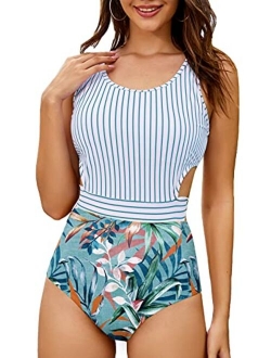 MOLYBELL One Piece Swimsuits for Women High Waisted Bathing Suit Monokini Floral Print Cutout Racerback Zip Up