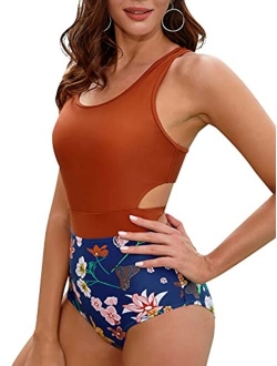 MOLYBELL One Piece Swimsuits for Women High Waisted Bathing Suit Monokini Floral Print Cutout Racerback Zip Up