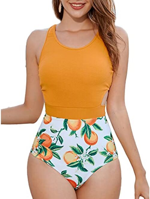 MOLYBELL One Piece Swimsuits for Women High Waisted Bathing Suit Monokini Floral Print Cutout Racerback Zip Up