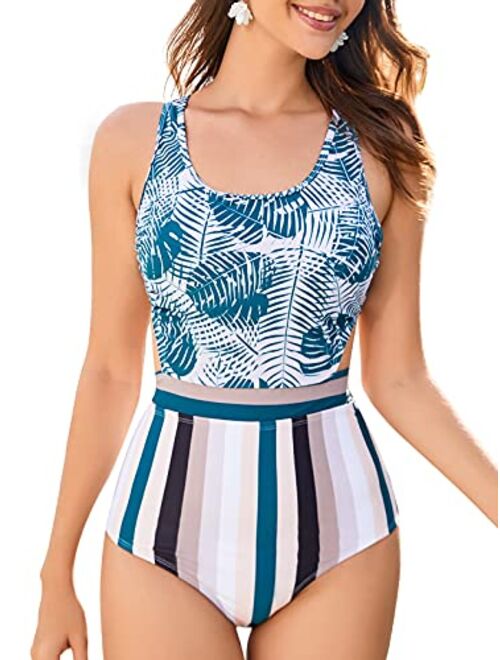 MOLYBELL One Piece Swimsuits for Women High Waisted Bathing Suit Monokini Floral Print Cutout Racerback Zip Up