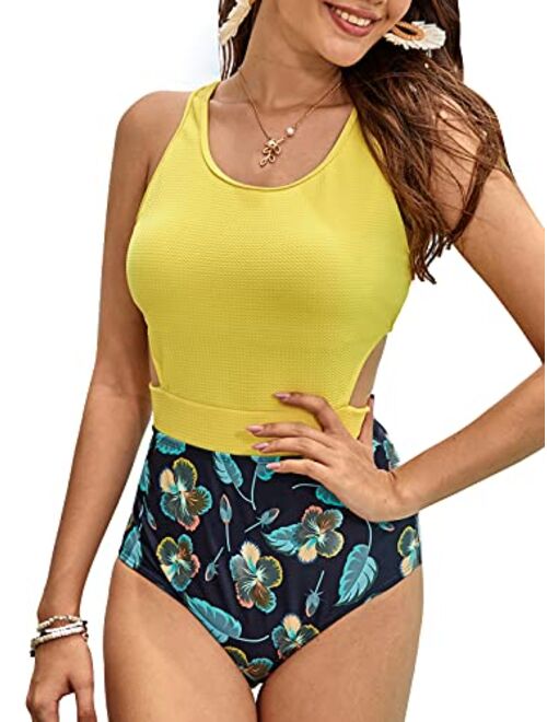 MOLYBELL One Piece Swimsuits for Women High Waisted Bathing Suit Monokini Floral Print Cutout Racerback Zip Up