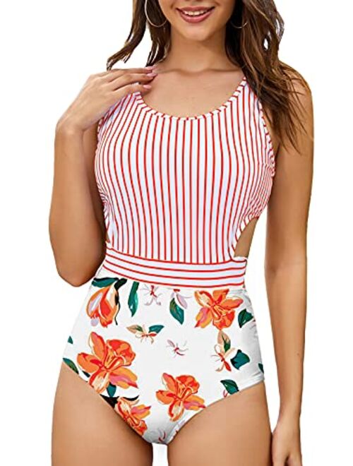 MOLYBELL One Piece Swimsuits for Women High Waisted Bathing Suit Monokini Floral Print Cutout Racerback Zip Up