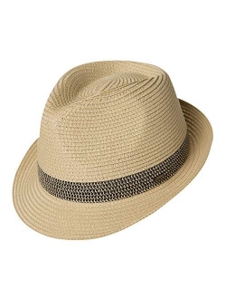 Fancet Packable Straw Fedora Panama Sun Summer Beach Hat Cuban Trilby Men Women 55-64cm