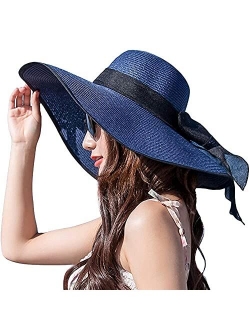 Womens Big Bowknot Straw Hat Floppy Foldable Roll up Beach Cap Sun Hat UPF 50+