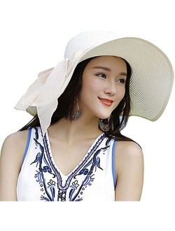 Womens Big Bowknot Straw Hat Floppy Foldable Roll up Beach Cap Sun Hat UPF 50+