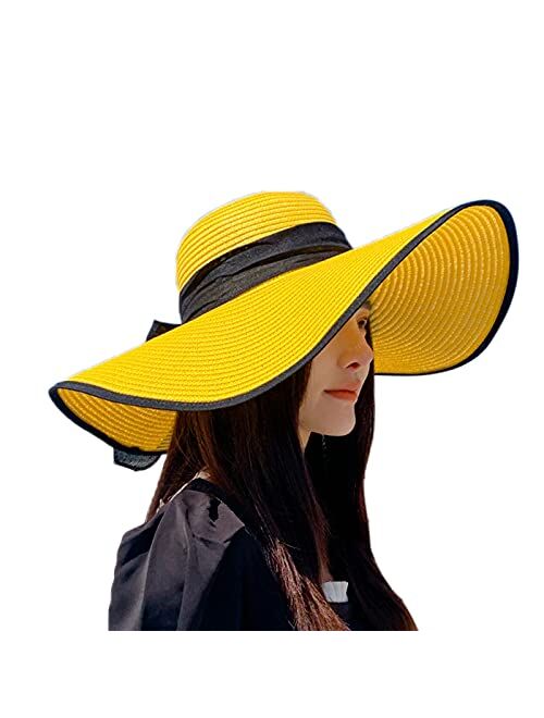 Womens Big Bowknot Straw Hat Floppy Foldable Roll up Beach Cap Sun Hat UPF 50+