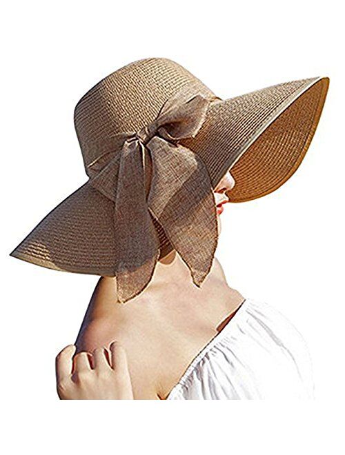 Womens Big Bowknot Straw Hat Floppy Foldable Roll up Beach Cap Sun Hat UPF 50+