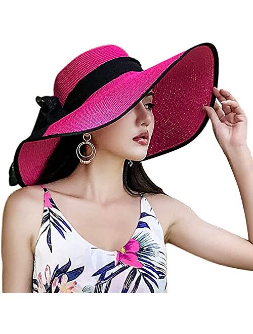 Womens Big Bowknot Straw Hat Floppy Foldable Roll up Beach Cap Sun Hat UPF 50+