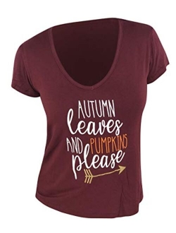 Womens Autumn Leaves and Pumpkin Please Thanksgiving Short Sleeved T Shirt