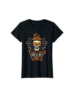 Womens Thick Thighs & Spooky Vibes Shirt Halloween Skulls Costume T-Shirt