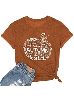 Pumpkin Hayrides Apple Cider Tshirt for Women Falling Leaves Letter Printed Tee Thanksgiving Short Sleeve Tee Tops