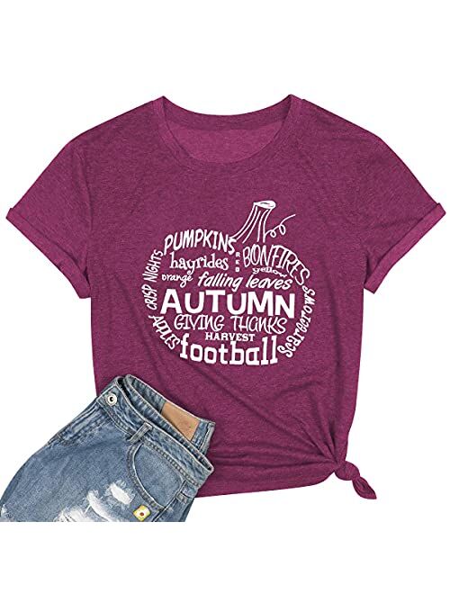 Pumpkin Hayrides Apple Cider Tshirt for Women Falling Leaves Letter Printed Tee Thanksgiving Short Sleeve Tee Tops