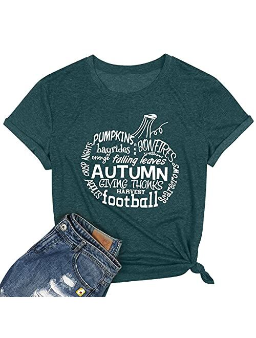 Pumpkin Hayrides Apple Cider Tshirt for Women Falling Leaves Letter Printed Tee Thanksgiving Short Sleeve Tee Tops