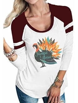 DUTUT Thankful Blessed Thanksgiving Turkey T Shirt Women 3/4 Sleeve O-Neck Striped Splicing Tops Tees