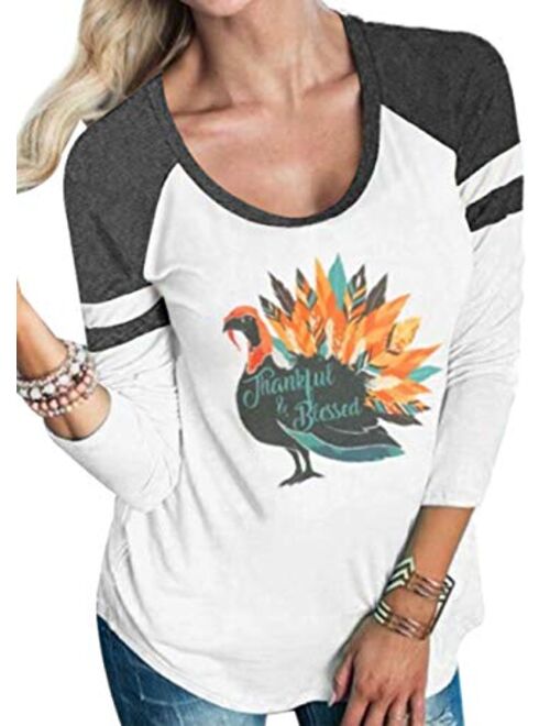 DUTUT Thankful Blessed Thanksgiving Turkey T Shirt Women 3/4 Sleeve O-Neck Striped Splicing Tops Tees