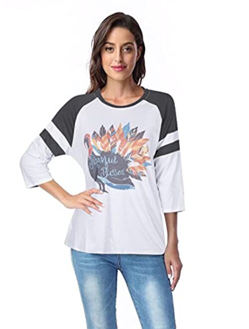 DUTUT Thankful Blessed Thanksgiving Turkey T Shirt Women 3/4 Sleeve O-Neck Striped Splicing Tops Tees