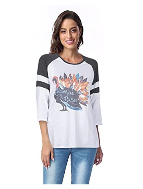 DUTUT Thankful Blessed Thanksgiving Turkey T Shirt Women 3/4 Sleeve O-Neck Striped Splicing Tops Tees