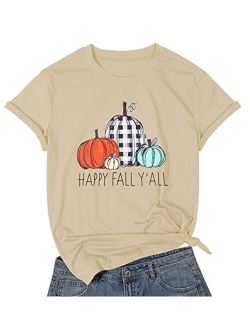 Halloween Happy Fall Y'all Letter T Shirt Women Plaid Pumpkin Graphic Spice Tee Tops