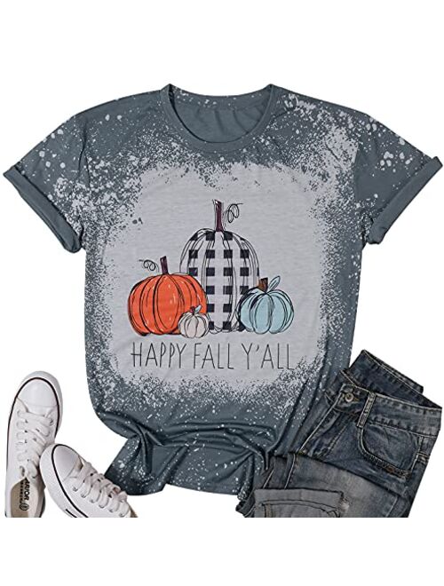 Halloween Happy Fall Y'all Letter T Shirt Women Plaid Pumpkin Graphic Spice Tee Tops