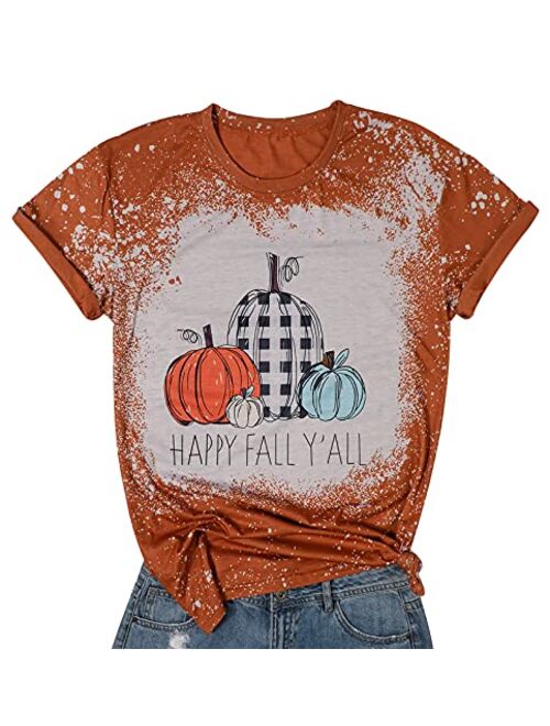 Halloween Happy Fall Y'all Letter T Shirt Women Plaid Pumpkin Graphic Spice Tee Tops