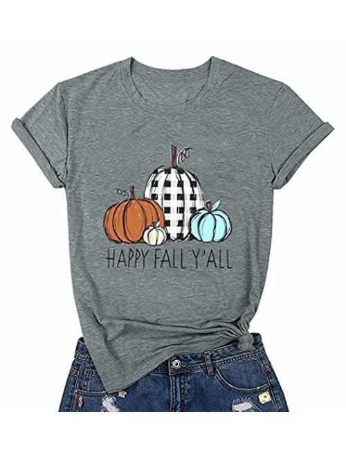 Halloween Happy Fall Y'all Letter T Shirt Women Plaid Pumpkin Graphic Spice Tee Tops