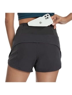 Workout Shorts for Women with Liner High Waisted Womens Athletic Shorts with Zip Pocket for Running Gym- 4 Inches