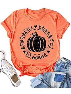 Grateful Thankful Blessed Thanksgiving T Shirt Women Cute Pumpkin Graphic Print Short Sleeve Fall Tee Tops