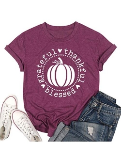 Grateful Thankful Blessed Thanksgiving T Shirt Women Cute Pumpkin Graphic Print Short Sleeve Fall Tee Tops