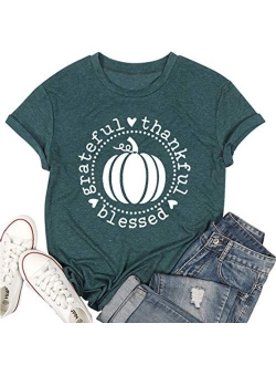 Grateful Thankful Blessed Thanksgiving T Shirt Women Cute Pumpkin Graphic Print Short Sleeve Fall Tee Tops