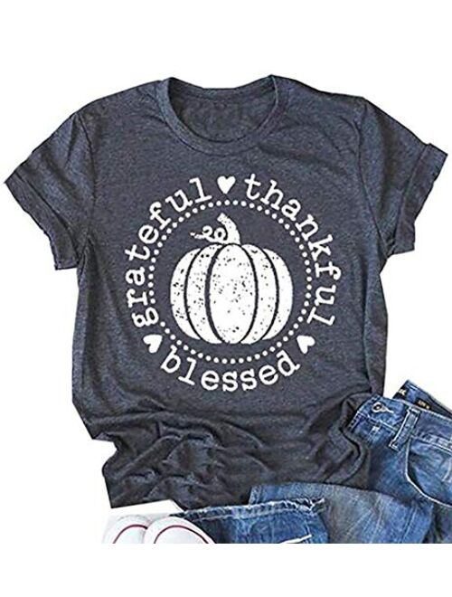 Grateful Thankful Blessed Thanksgiving T Shirt Women Cute Pumpkin Graphic Print Short Sleeve Fall Tee Tops