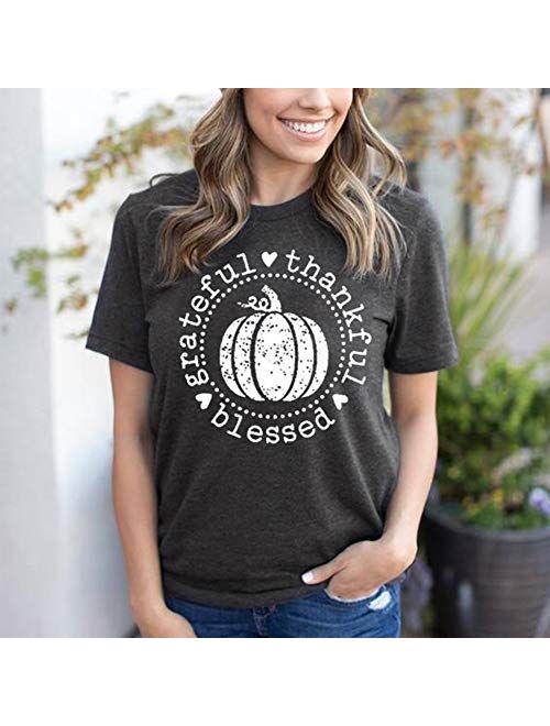 Grateful Thankful Blessed Thanksgiving T Shirt Women Cute Pumpkin Graphic Print Short Sleeve Fall Tee Tops